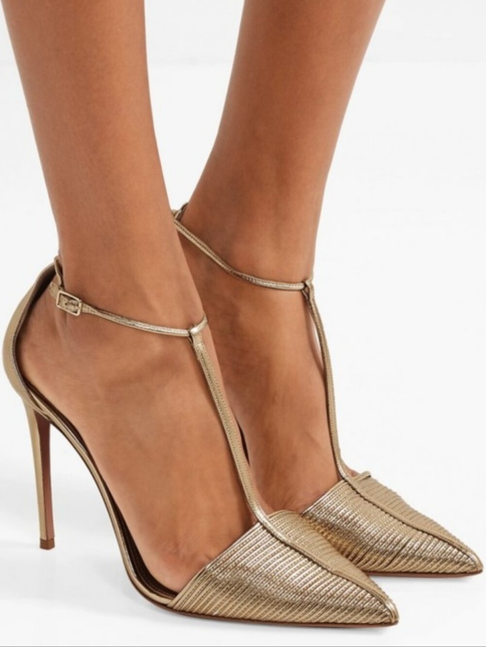 Aquazzura Metallic Strappy Gold Leather Pointed Toe Stiletto Heels Size 8 - Picture 3 of 15